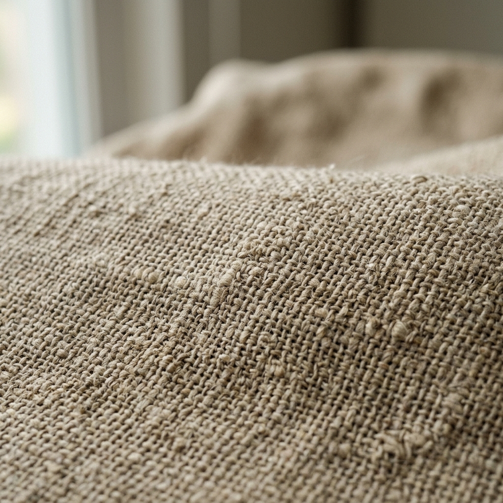 Ảnh macro linen thật. Khung hình cho thấy vân dệt, độ thưa của sợi và nếp gấp tự nhiên.