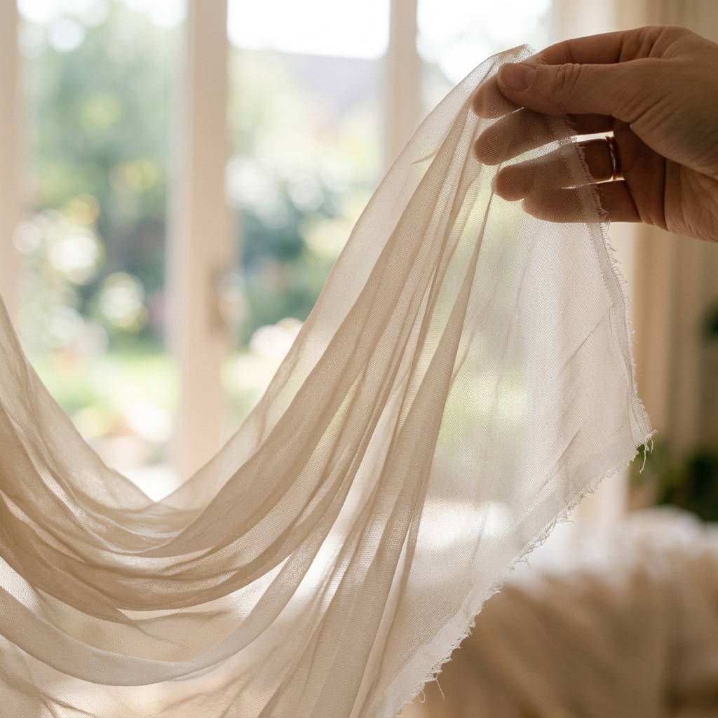 Ảnh voan hoặc chiffon thật đặt trước nguồn sáng mềm. Thấy được độ xuyên sáng và chuyển động của mép vải.