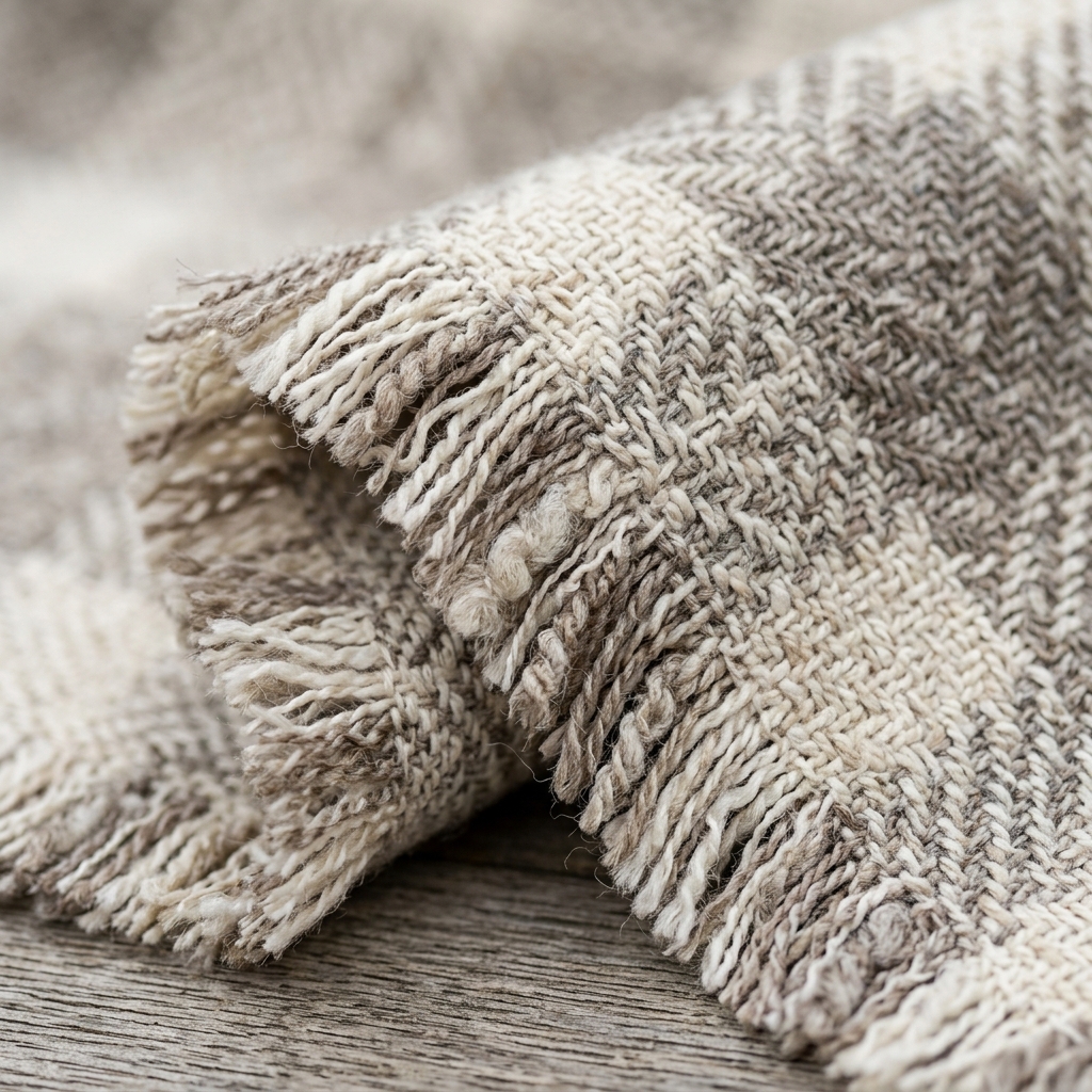 Ảnh cận tweed thật. Thấy rõ sợi màu, cấu trúc dệt và độ dày ở phần mép cắt.