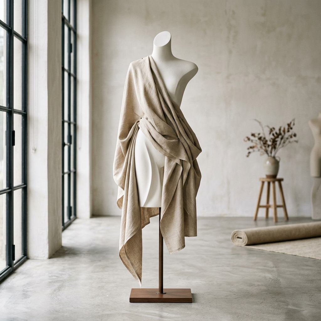 Bốn ảnh hoặc video thật cùng một chất vải: độ rủ trên mannequin, độ dày ở mép cắt, độ co giãn khi kéo nhẹ và độ xuyên sáng trước nguồn sáng mềm.